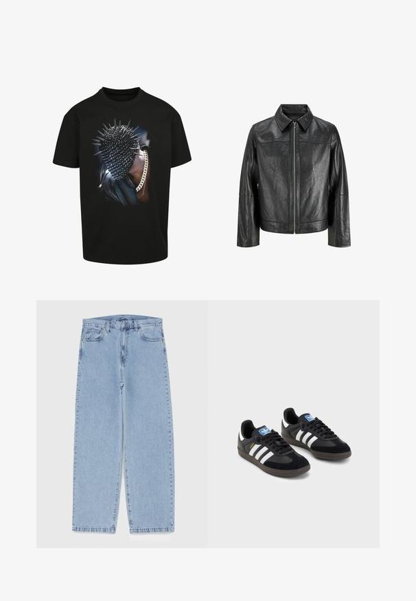 Czarna skórzana kurtka z wyraźnym kołnierzem, przednim zamkiem błyskawicznym i długimi rękawami. Charakteryzuje się gładką fakturą i prostym designem. Bez dodatkowych zdobień.; Czarna koszulka z krótkim rękawem, zdobiona grafiką z kolczastą głową i łańcuchem. Klasyczny krój. Odważny wzór z błyszczącą teksturą.; Jasnoniebieskie dżinsy o prostym kroju nogawki, z średnim stanem, pięcioma kieszeniami oraz zapięciem na guzik i zamek błyskawiczny.; Czarne sneakersy z zamszową i syntetyczną cholewką, wyposażone w trzy białe paski, teksturowaną gumową podeszwę oraz niebieską metkę z logo na języku.
