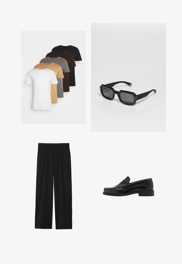 Črna usnjena jakna s točno oblikovano ovratnikom, sprednjim zadrgo in dolgimi rokavi. Ima gladko teksturo in preprost dizajn. Brez dodatnih okraskov.; Pet tiêu chuẩn với cổ tròn, năm chiếc áo thun ngắn tay màu trắng, be, xám, nâu và đen. Chất liệu cotton mềm mại.; Črne široke hlače z nabranim sprednjim delom, stranskimi žepi in gladko teksturo tkanine. Oblikovane za sproščen kroj.; Črne usnjene loafer čevlje z gladko površino, šivani detajli na prstu in nizka peta za udobje in stil.; Črne pravokotne sončne očala s temnimi lečami, debelimi okvirji, zlatimi detajli in detajlom z mavričnimi črtami na ročaju.