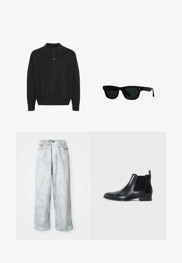 Zwarte leren jas met een puntige kraag, een rits aan de voorkant en lange mouwen. Heeft een gladde textuur en een eenvoudig ontwerp. Geen extra versieringen.; Solid SDNAHIM - Longsleeve - true black; Lichtgewassen wijde jeans met een hoge taille, knoop- en ritssluiting aan de voorkant, riemlussen en voor- en achterzakken.; Zwarte leren Chelsea boot met elastische zijpanelen, ronde neus, kleine trekstrip aan de achterzijde en lage gestapelde hak. Gladde textuur.; Zwarte zonnebril met vierkante monturen, donkere lenzen en glad plastic materiaal. Heeft kleine, ronde accenten aan de voorkant en slanke armen.; Zilveren roestvrijstalen horloge met een ronde witte wijzerplaat, zwarte tachymeter bezel, groene accenten en een metalen schakelarmband.