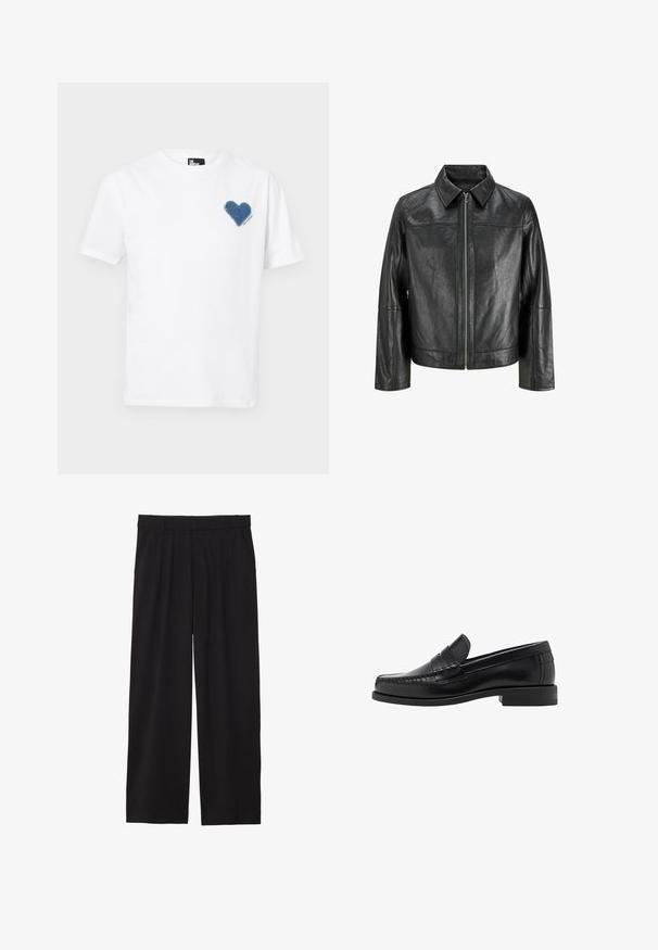 Zwarte leren jas met een puntige kraag, een rits aan de voorkant en lange mouwen. Heeft een gladde textuur en een eenvoudig ontwerp. Geen extra versieringen.; Witte katoenen t-shirt met een blauwe denim hart-applicatie op de linkerkant van de borst. Korte mouwen en een klassieke ronde hals.; Zwarte wijde broek met geplooide voorkant, zijzakken en een gladde stoftextuur. Ontworpen voor een ontspannen pasvorm.; Zwarte leren instappers met een gladde afwerking, gestikte details op de neus en een lage hakontwerp voor comfort en stijl.