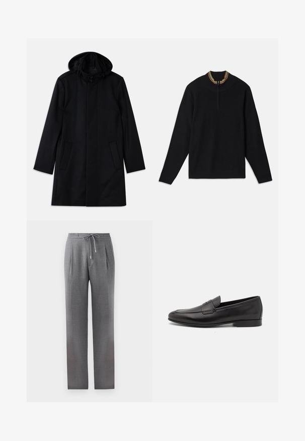 Black coat made of textured fabric, featuring a hood, button closure, two front pockets, and a straight cut design.; Black ribbed knit sweater with a quarter zipper and a multicolored striped collar. Long sleeves and a relaxed fit. Soft texture.; Gray, tailored trousers with a drawstring waist, pleats, and straight legs. Fabric texture is smooth, with a subtle patterned finish.; Black leather men's loafer with a low heel and a classic penny strap design, shown in side profile on a white background.