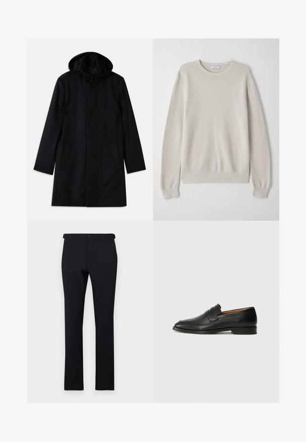 Černý kabát vyrobený z texturované látky, s kapucí, zapínáním na knoflíky, dvěma předními kapsami a rovnými liniemi.; Světlý béžový svetr vyrobený z měkkého pleteného materiálu. Kulatý výstřih, dlouhé rukávy, žebrované manžety a lem s jemnými texturovanými detaily.; Černé kalhoty rovného střihu vyrobené z hladké látky. Obsahují poutka na opasek, zapínání na knoflík a žádné viditelné vzory nebo akcenty.; Černé kožené mokasíny s kulatou špičkou, jemným prošíváním a nízkým podpatkem, s hladkým povrchem a minimalistickým designem.