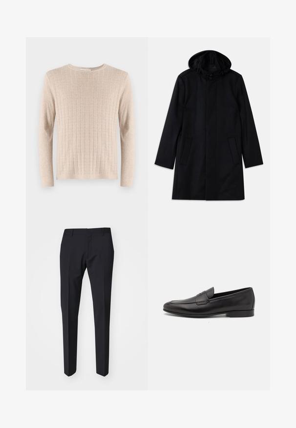 Casaco preto feito de tecido texturizado, com capuz, fecho de botão, dois bolsos frontais e um corte reto.; Suéter bege de manga longa com textura canelada e decote redondo. O tecido parece suave e leve, apresentando riscas verticais por toda a parte.; Calças azul marinho escuras com um corte slim. Feitas de um tecido liso e texturizado, apresentando frente plana, passantes para cinto e bolsos laterais.; Sapatilha masculina em couro preto, com salto baixo e um design clássico com tira de moeda, apresentada em perfil lateral sobre um fundo branco.