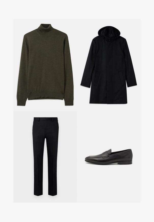Czarny płaszcz wykonany z teksturowanej tkaniny, z kapturem, zapięciem na guziki, dwoma przednimi kieszeniami oraz prostym krojem.; Ciemnozielony sweter z golfem, wykonany z miękkiego dzianiny, z ribbowanymi mankietami i dołem, długimi rękawami oraz prostym, eleganckim wzorem.; Czarne spodnie wykonane z gładkiego materiału, o prostym kroju, z przodem z zakładką i szlufkami na pasek w talii. Brak widocznych wzorów lub akcentów.; Czarne skórzane męskie loafersy z niskim obcasem i klasycznym paskiem penny, przedstawione w profilu bocznym na białym tle.