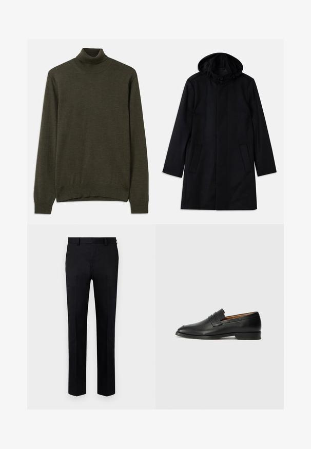 Juodas paltas, pagamintas iš tekstūruotos medžiagos, su gobtuvu, sagčių uždarymu, dviem priekinių kišenių ir tiesia siluetu.; Tamsiai žalias golfas, pagamintas iš minkštos mezgamos medžiagos, su raukšlėtomis rankovėmis ir apatine dalimi, ilgos rankovės ir paprastas, švarus dizainas.; Juodos kelnės, pagamintos iš lygios medžiagos, turinčios tiesaus kirpimo dizainą, priekines raukšles ir diržui skirtas kilpas juosmens srityje. Be matomų raštų ar akcentų.; Juodas odinis loaferis su apvaliu nosiu, subtiliomis siuvimo detalėmis ir žemu kulnu, pasižymintis lygia tekstūra ir minimalistiniu dizainu.