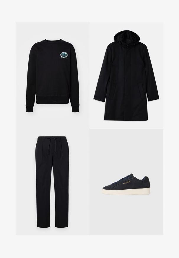 Manteau noir en tissu texturé, doté d'une capuche, d'une fermeture à bouton, de deux poches avant et d'une coupe droite.; Sweatshirt noir avec un col rond, des manches longues et un logo brodé texturé en vert et blanc sur la poitrine. Tissu doux.; Pantalons noirs en tissu lisse, avec une taille à cordon, des jambes droites et des plis avant pour un look structuré.; Baskets basses en daim bleu marine avec semelle blanche, lacets bleu marine et logo "Filling Pieces" en or sur le côté.