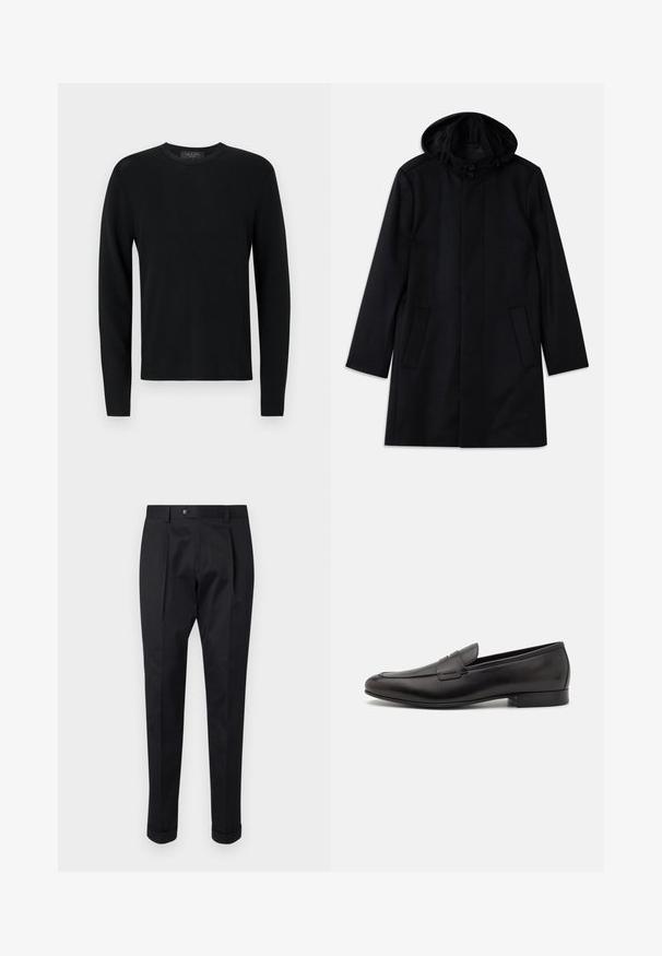 Mustat takki, joka on valmistettu rakenteellisesta kankaasta, varustettu hupulla, napitusläpsyllä, kahdella etutaskulla ja suoraan leikkauksella.; Mustaharjapaita mustasta puuvillasta, jossa on pitkät hihat, uurrettu pinta, pyöreä kaula-aukko ja istuvat hihat. Yksinkertainen muotoilu ilman kuvioita tai koristeita.; Musta housut, jotka on valmistettu sileästä kankaasta, ja niissä on etuosassa laskos, nappisulku sekä käänteet nilkassa.; Musta nahkakengät, joissa on tyylikäs muotoilu, pyöreä nenä ja matala pino korko. Ylhäällä koristeellinen ompelutaito.