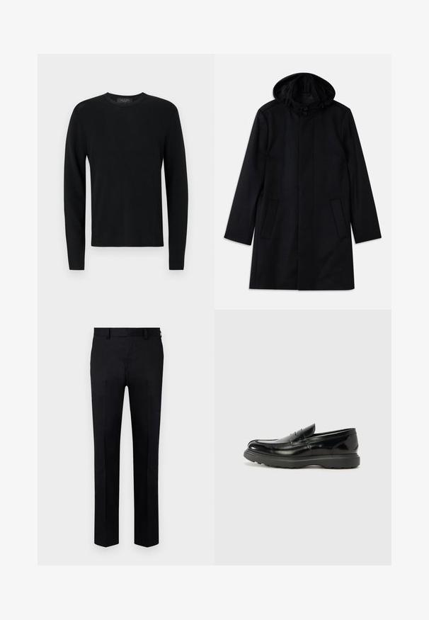 Schwarzer Mantel aus strukturiertem Stoff, ausgestattet mit einer Kapuze, Knopfverschluss, zwei Fronttaschen und einem geraden Schnitt.; Schwarzer Baumwollpullover mit langen Ärmeln, gerippter Textur, Rundhalsausschnitt und eng anliegenden Ärmeln. Schlichte Gestaltung ohne Muster oder Akzente.; Schwarze Hose aus glattem Stoff mit geradem Bein, Vorderfalten und Gürtelschlaufen am Bund. Keine sichtbaren Muster oder Akzente.; Schwarze Lederloafer mit glanzendem Finish, abgerundetem Zehenbereich, subtilen Steppnähten und einer dicken Gummisohle für Langlebigkeit.