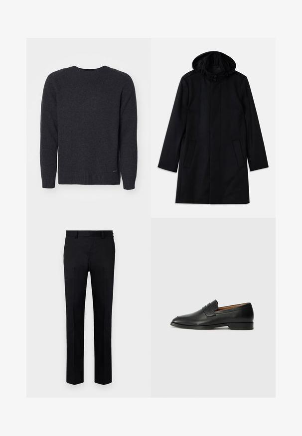 Črn plašč iz teksturirane tkanine, z kapuco, z gumbom za zapiranje, dvema sprednjima žepoma in ravno obliko.; Temno siva pletena jopica z okroglim izrezom, dolgimi rokavi in ribastimi manšetami. Gladka tekstura z diskretno logotipno podrobnostjo na spodnji levi strani.; Črne hlače iz gladkega blaga, z naravnim krojem nog, sprednjim pregibom in zankami za pas. Brez vidnih vzorcev ali dodatkov.; Črne usnjene loferice z zaobljenim prstom, subtilnim šivanjem in nizkim petam, ki se odlikujejo po gladki teksturi in minimalističnem oblikovanju.