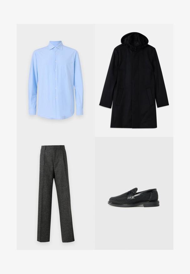 Juodas paltas, pagamintas iš tekstūruotos medžiagos, su gobtuvu, sagčių uždarymu, dviem priekinių kišenių ir tiesia siluetu.; Šviesiai mėlyna marškiniai su vertikaliomis raštomis, su ilgomis rankovėmis, smailiu apykakle ir baltais mygtukais, pagaminta iš lygaus audinio.; Pilki pritaikyti kelnių modeliai, pagaminti iš tekstūruotos medžiagos, su dviem priekiniais klostėmis ir tiesiogine kojų forma. Nėra matomų kišenių ar puošybų.; Juodas pintas slip-on tipo batelis su lygiu odiniu akcentu viršuje, apvalios nosies dizainas ir žemas guminis padas.