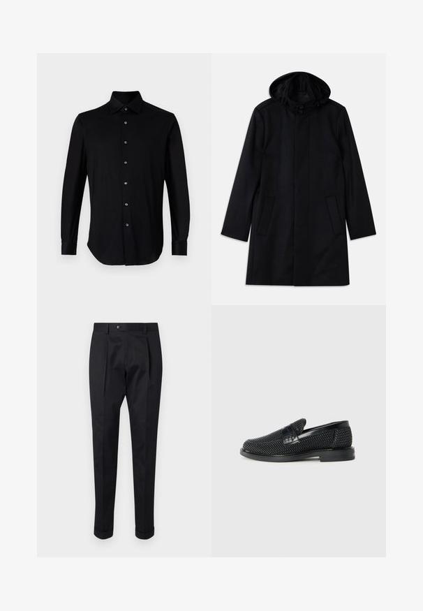 Zwarte jas van gemarmerde stof, met een capuchon, knoopsluiting, twee voorkantomken en een rechte snit.; Zwarte lange mouwen knoopsluiting overhemd met een puntige kraag en knoopmanchetten op een witte achtergrond.; Zwarte broek gemaakt van een gladde stof, met een plooi aan de voorkant, een knopen sluiting en opgerolde manchetten bij de enkels.; Zwartegeweven instap schoenen met een glad leren accent aan de bovenkant, een ronde neusontwerp en een laag profiel rubberen zool.