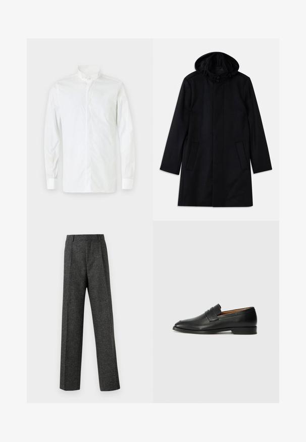 Manteau noir en tissu texturé, doté d'une capuche, d'une fermeture à bouton, de deux poches avant et d'une coupe droite.; Chemise blanche à manches longues avec col montant, fermeture à boutons et coupe ajustée. Texture lisse, poignets à un bouton et style minimaliste.; Pantalon gris ajusté en tissu texturé, doté de deux plis sur le devant et d'une coupe droite. Pas de poches visibles ni de décorations.; Mocassin en cuir noir avec un bout arrondi, des coutures subtiles et un talon bas, présentant une texture lisse et un design minimaliste.