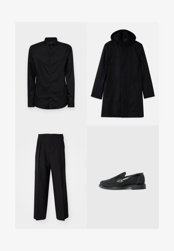 Cappotto nero realizzato in tessuto texturizzato, dotato di cappuccio, chiusura con bottoni, due tasche frontali e un design a taglio dritto.; Camicia nera a maniche lunghe con bottoni, realizzata in un tessuto morbido, caratterizzata da un colletto classico, bottoni frontali e un logo discreto sopra il petto sinistro.; Pantaloni neri a pieghe con un design dritto e gamba larga. Realizzati in tessuto morbido, con chiusura a bottone e passanti per cintura.; Scarpa nera a mocassino intrecciata con un accentuato in pelle liscia sulla parte superiore, design a punta rotonda e suola in gomma a profilo basso.