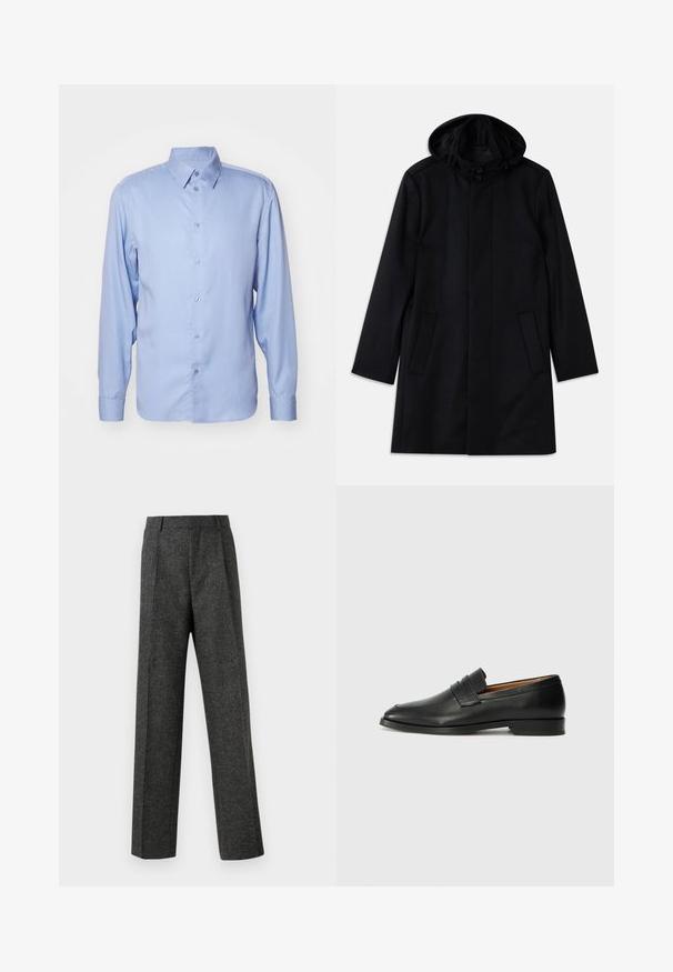Černý kabát vyrobený z texturované látky, s kapucí, zapínáním na knoflíky, dvěma předními kapsami a rovnými liniemi.; Světle modrá košile s dlouhým rukávem vyrobená z hladké látky, s klasickým límcem, zapínáním na knoflíky a přizpůsobeným střihem s knoflíkovými manžetami.; Šedé kalhoty na míru vyrobené z texturované tkaniny, s dvěma předními záhyby a rovnými nohavicemi. Bez viditelných kapes nebo ozdob.; Černé kožené mokasíny s kulatou špičkou, jemným prošíváním a nízkým podpatkem, s hladkým povrchem a minimalistickým designem.