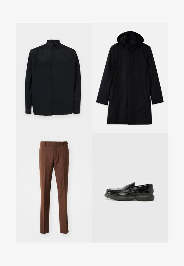 Sort frakke lavet af tekstureret stof, med hætte, knaplukning, to forlommer og lige skæring.; Sort langærmet skjorte lavet af glat stof, med klassisk krave, knaplukning og afslappet pasform med manchetter.; Brune skræddersyede bukser med flad front, lige ben, glat tekstur og bæltesløjfer. Ingen synlige mønstre eller hardwaredetaljer.; Sort læderloafer med en blank finish, rund tå, subtile syninger og en tyk gummisål for holdbarhed.