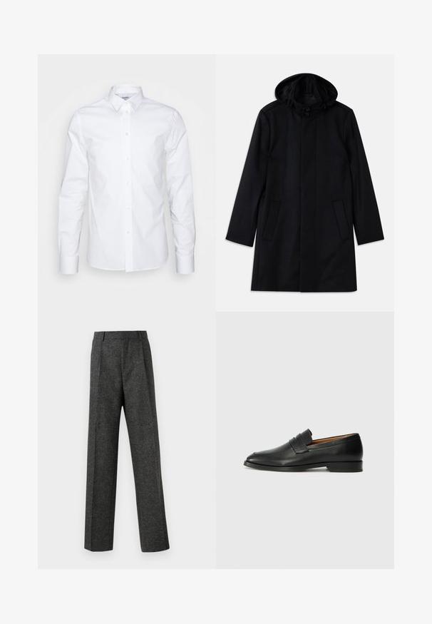 Černý kabát vyrobený z texturované látky, s kapucí, zapínáním na knoflíky, dvěma předními kapsami a rovnými liniemi.; Bílá košile s dlouhým rukávem, špičatým límečkem, zapínáním na knoflíky a hladkým bavlněným materiálem. Obsahuje knoflíky na manžetách a přizpůsobený střih.; Šedé kalhoty na míru vyrobené z texturované tkaniny, s dvěma předními záhyby a rovnými nohavicemi. Bez viditelných kapes nebo ozdob.; Černé kožené mokasíny s kulatou špičkou, jemným prošíváním a nízkým podpatkem, s hladkým povrchem a minimalistickým designem.