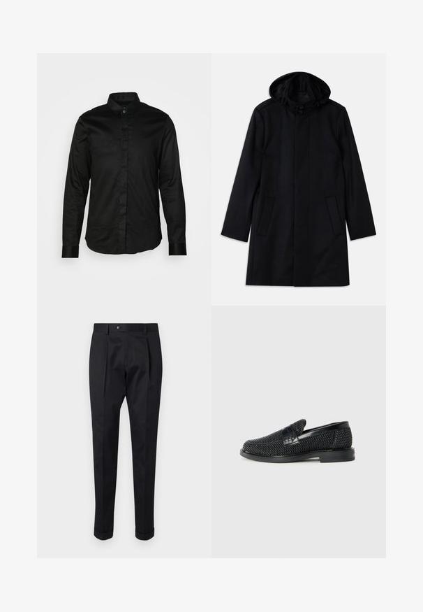 Zwarte jas van gemarmerde stof, met een capuchon, knoopsluiting, twee voorkantomken en een rechte snit.; Zwarte longsleeve shirt van gladde stof, met een kraag, knopen aan de voorkant en contrasterende manchetten. Geen zichtbare patronen of graphics.; Zwarte broek gemaakt van een gladde stof, met een plooi aan de voorkant, een knopen sluiting en opgerolde manchetten bij de enkels.; Zwartegeweven instap schoenen met een glad leren accent aan de bovenkant, een ronde neusontwerp en een laag profiel rubberen zool.