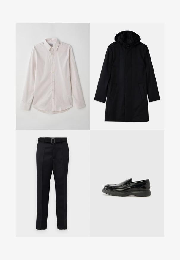 Must vest, mis tekstuuriga kangast, kapuutsiga, nööbid sulgemiseks, kahe esipocket'i ja sirge lõikega.; Heled roosa pika varrukaga nööbiga särk, millel on laiem krae, vertikaalsed triibud ja ümaralõige. Särgil on beežid nööbid ja sile tekstuur.; Mustad mustad püksid on valmistatud siledast kangast, sirgelt lõigatud ja beldiga vöökoht, millel on ristkülikukujuline pandla. Märkimisväärsed esisellukid täiustavad disaini.; Must musta nahk loafer läikiva viimistlusega, ümar varvas, delikaatsed õmblusdetailid ja paks kummist tallad vastupidavuse tagamiseks.