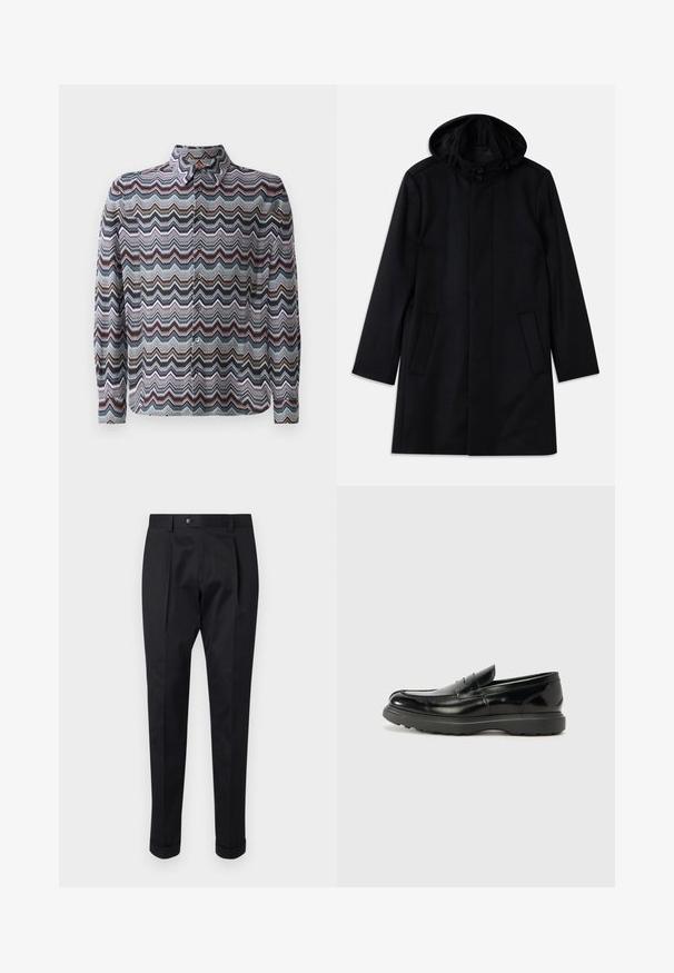 Melnā jaka, kas izgatavota no teksturēta auduma, ar kapuci, pogu aizdari, divām priekšējām kabatām un taisnu piegriezumu.; Garā piedurkņu krekls ar zigzaga rakstu zilā, rozā un krēmkrāsa. Izgatavots no viegla auduma, ar pogājamās apkakli.; Melni bikses, izgatavotas no gludas auduma, ar uzkāpes priekšpusē, pogu aizdari un velkot piegriezumu pie potītes.; Melnas ādas loafers ar spīdīgu apdari, noapaļota pirksta forma, smalkas šuvju detaļas un bieza gumijas zole ilgstošai lietošanai.