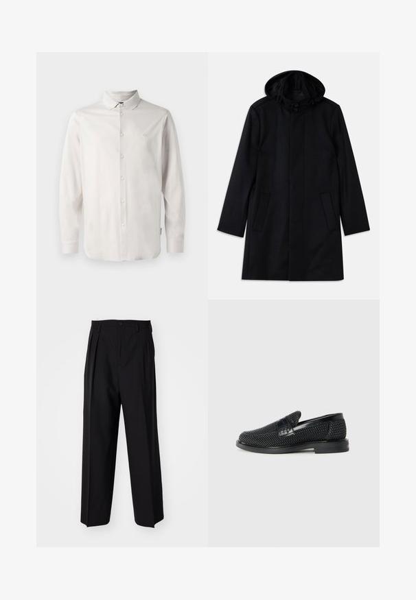 Fekete kabát textúrált anyagból, kapucnival, gombos záródással, két elülső zsebbel és egyenes szabású dizájnnal.; Hosszú ujjú, fehér gombos ing, gallérral, és finom "A|X" logóval hímzett a bal mellen.; Fekete, pliszírozott nadrág, egyenes, széles lábakkal. Sima anyagból készült, gombos záródással és övhurkokkal rendelkezik.; Fekete szőtt slip-on cipő sima bőr díszítéssel a felsőrészen, kerek orral és alacsony profilos gumitalppal.