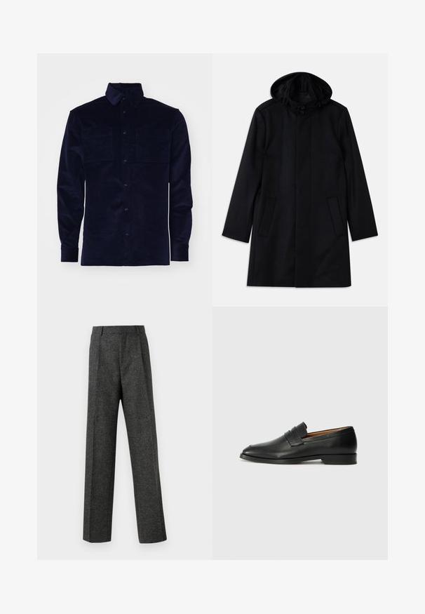 Fekete kabát textúrált anyagból, kapucnival, gombos záródással, két elülső zsebbel és egyenes szabású dizájnnal.; Sötétkék kordbársony ing hosszú ujjakkal, gombos elülső rész, két mellzseb és klasszikus gallér kialakítással. Puha tapintású.; Szürke, texturált anyagból készült, szabott nadrág, két elülső pliszével és egyenes lábbal. Nincsenek látható zsebek vagy díszítések.; Fekete bőr mokaszin, kerek orral, diszkrét varrásokkal és alacsony sarokkal, sima felülettel és minimalista dizájnnal.