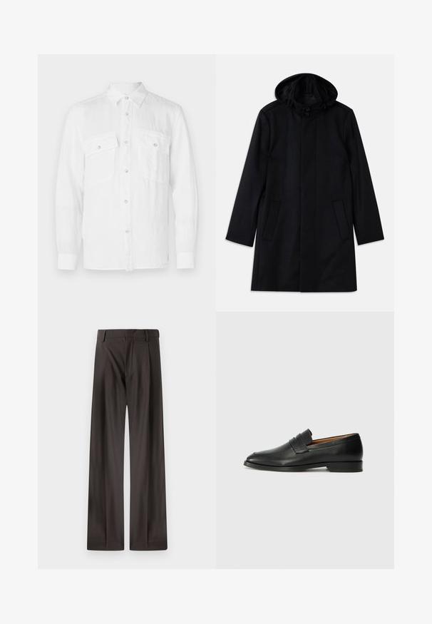 Zwarte jas van gemarmerde stof, met een capuchon, knoopsluiting, twee voorkantomken en een rechte snit.; Witte knopsluitingoverhemd van lichtgewicht stof, met een kraag, lange mouwen en twee voorste borstzakken met knoopsluitingen.; Wide-leg broeken van donkerbruine stof. Kenmerken zijn een gladde textuur, een gestructureerde tailleband en subtiele voorplooien.; Zwarte leren instapper met een ronde neus, subtiele stikdetails en een lage hak, met een gladde textuur en een minimalistisch ontwerp.