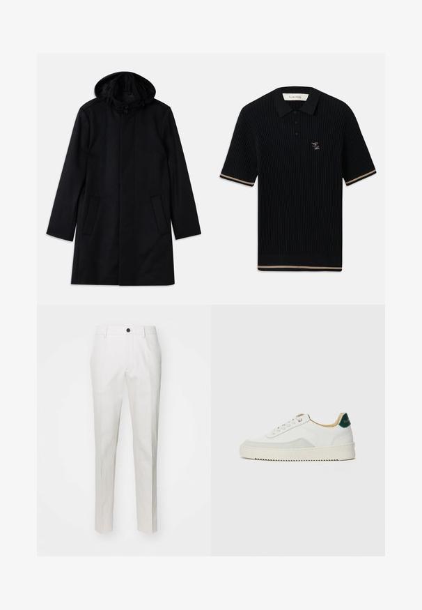 Black coat made of textured fabric, featuring a hood, button closure, two front pockets, and a straight cut design.; Black ribbed short-sleeve polo shirt with collar, three buttons, beige trim on sleeves and hem, and FP embroidered logo on left chest.; White trousers made of a smooth fabric with a straight-leg cut, featuring a single black button at the waist and side pockets.; White sneaker with suede accents, rounded toe, flat laces, and a cream rubber sole. Features green branding on the heel.