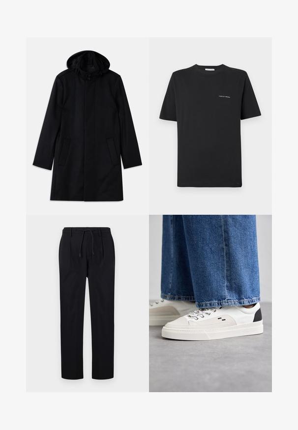 Mustat takki, joka on valmistettu rakenteellisesta kankaasta, varustettu hupulla, napitusläpsyllä, kahdella etutaskulla ja suoraan leikkauksella.; Musta puuvillainen T-paita, jossa on pyöreä pääntie, lyhyet hihat ja pieni valkoinen "TIGER OF SWEDEN" -logo rinnassa. Klassinen malli.; Farkut mustat, valmistettu sileästä kankaasta, jossa on narukiristysvyö, suorat lahkeet ja edessä pleatit rakenteellista ilmettä varten.; Valkoiset ja mustat tennarit, joissa on sileä nahkapäällinen, tekstuuriakcentit ja paksu valkoinen pohja. Varustettu klassisella nauhakiinnityksellä.