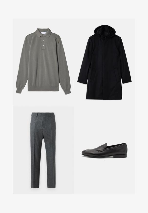 Mustat takki, joka on valmistettu rakenteellisesta kankaasta, varustettu hupulla, napitusläpsyllä, kahdella etutaskulla ja suoraan leikkauksella.; Harmaa pitkähihainen polo-paita teksturoidusta kankaasta, jossa on klassinen kaulus, kolme nappia ja ribattu hihansuu.; Harmaat räätälöidyt housut, joissa on hieno ruutukuosi, suora lahje ja sileä kangas. Varustettu vyölenkeillä ja vetoketjulla.; Musta nahkainen miesten loaferi, jossa on matala korko ja klassinen penny-nauha, esitelty sivuprofiilissa valkoista taustaa vasten.