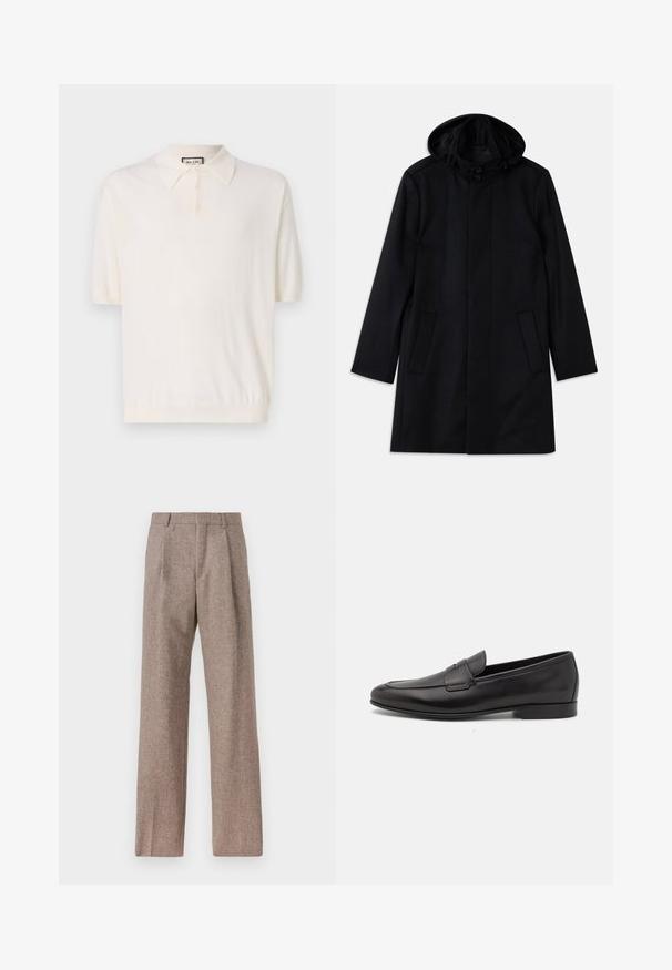 Zwarte jas van gemarmerde stof, met een capuchon, knoopsluiting, twee voorkantomken en een rechte snit.; Korte mouw polo shirt in crème met een klassieke kraag, vierknopssluiting en geribde zoom. Gemaakt van zacht, lichtgewicht stof.; Bruine, hooggewaisted broeken van een gestructureerde stof. Heeft wijde benen en twee voorplooien voor extra structuur. Net afgewerkt zonder zichtbare hardware.; Zwarte leren herenloafers met een lage hak en een klassiek pennystrap-ontwerp, getoond in zijaanzicht op een witte achtergrond.