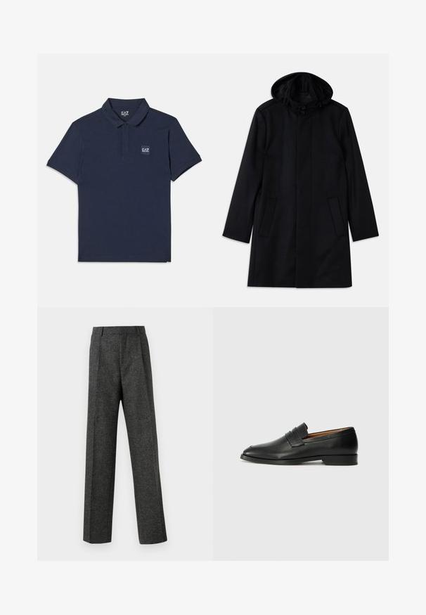 Juodas paltas, pagamintas iš tekstūruotos medžiagos, su gobtuvu, sagčių uždarymu, dviem priekinių kišenių ir tiesia siluetu.; Jūros mėlynos spalvos polo marškiniai, pagaminti iš medvilnės, turintys klasikinį apykaklę, trumpas rankoves ir mažą siuvinėtą EA7 logotipą kairiajame krūtinės šone.; Pilki pritaikyti kelnių modeliai, pagaminti iš tekstūruotos medžiagos, su dviem priekiniais klostėmis ir tiesiogine kojų forma. Nėra matomų kišenių ar puošybų.; Juodas odinis loaferis su apvaliu nosiu, subtiliomis siuvimo detalėmis ir žemu kulnu, pasižymintis lygia tekstūra ir minimalistiniu dizainu.