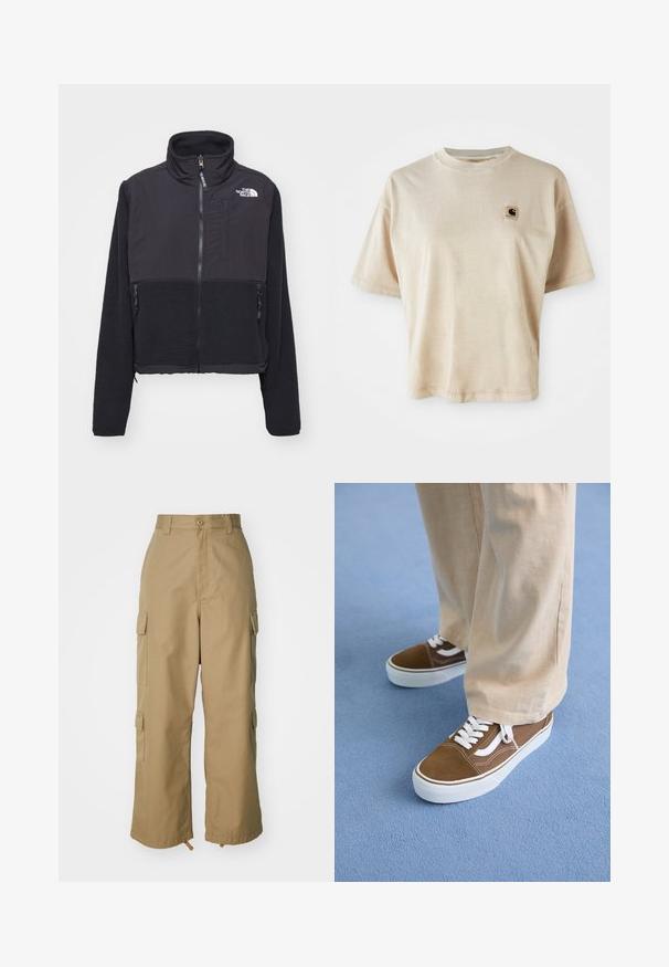 Svart fleecejakke med høy krage, glidelås foran og doble sidelommer. Har en kontrasterende glatt tekstil på toppen og teksturert fleece nedenfor.; Beige bomulls t-skjorte med avslappet passform, rund hals, korte ermer og et lite kvadratisk logo-lapp på venstre brystområde.; Beige cargo bukser med høj talje, brede ben og fire store sidelommer. Fremstillet af slidstærkt stof med en glat tekstur og minimal detalje.; Vans OLD SKOOL PLATFORM - Joggesko - sepia