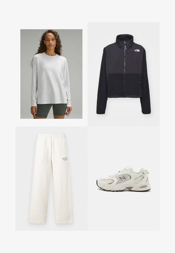 Giacca in pile nera con colletto alto, chiusura con zip frontale e due tasche laterali. Presenta un tessuto liscio a contrasto sopra e un pile testurizzato nella parte inferiore.; Camicia a maniche lunghe grigia chiaro in un tessuto morbido e strutturato con scollo rotondo e vestibilità rilassata, abbinata a pantaloni corti verde scuro.; Pantaloni a gamba larga di colore crema realizzati in materiale morbido con cintura elastica. Presentano un delicato testo ricamato di colore verde sul davanti.; Scarpe da corsa bianche in rete con dettagli grigi, punta arrotondata, design con lacci, suola ammortizzata e un prominente logo "N" sul lato.