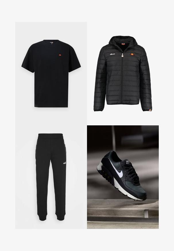 Juodas pūkinis švarkas su gobtuvu, vertikaliai siuvinėtas dizainas, priekinis užtrauktukas ir siuvinėtas logotipas kairėje krūtinės pusėje bei dešinėje rankovėje.; Juodas trumpų rankovių marškinėliai, pagaminti iš medvilnės, su apvalia kaklo iškirpte ir mažu, spalvingu logotipu kairėje krūtinės pusėje.; Juodos sportinės kelnės, pagamintos iš minkštos medžiagos, turi siaurėjančius kojų šonus, elastinę juostą, šonines kišenes su užtrauktukais ir mažą logotipo akcentą.; Juoda ir žalia sportinė avalynė su raštuotu tinklu viršuje, balta Swoosh logotipas, paminkštinta apykaklė ir matoma oro pagalvė pado viduje.