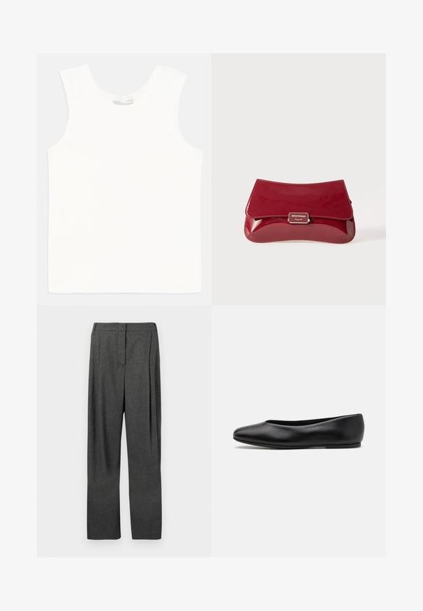 Langer hellblauer Wollmantel mit Stehkragen, langen Ärmeln, Knöpfen vorne und passendem Gürtel mit rechteckiger Schnalle.; Weißes ärmelloses Tanktop aus geripptem Stoff, mit Rundhalsausschnitt und geradem Saum. Einfaches Design ohne zusätzliche Verzierungen.; Graue, taillierte Hose aus gewebtem Stoff, mit geradem Bein, mit Vorderfalten und glatter Textur.; Paul Smith TOPANGA - Klassischer Ballerina - black; Rote Clutch aus Lackleder mit geschwungenem Design, umklappbarem Deckel und einem Metallschriftzug auf einer silberfarbenen Plakette. Glatte, glänzende Oberfläche.