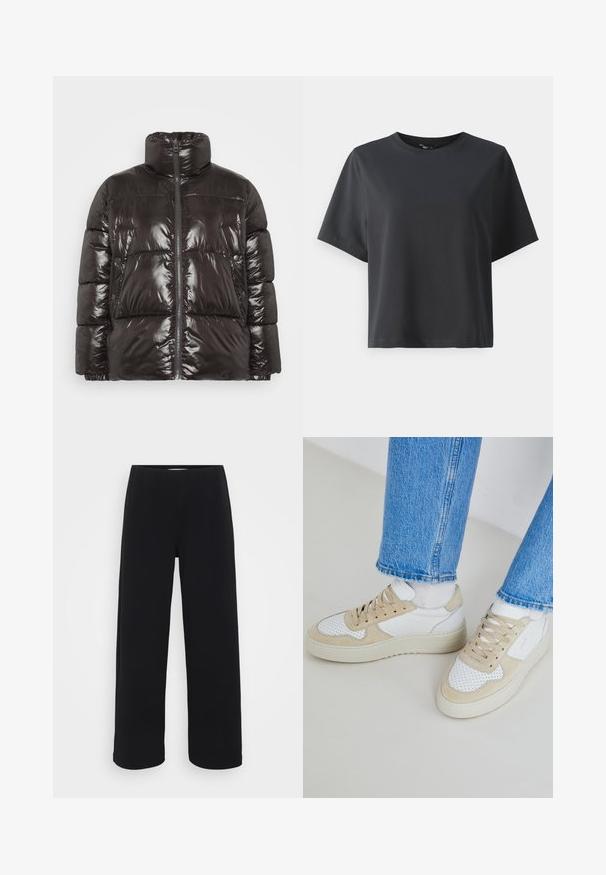 Doudoune noire avec une finition brillante, col montant et fermeture éclair. Comprend de grandes sections matelassées et des poches latérales boutonnées.; T-shirt en coton noir, à manches courtes, col ras du cou, coupe décontractée, texture lisse, design simple, sans motifs ni accents.; Pantalons larges noirs avec une taille élastique. Fabriqués à partir d'un matériau texturé, ils présentent une coupe ample et droite des hanches à l'ourlet.; Baskets blanches et beiges avec des détails perforés, une tige en cuir lisse et une épaisse semelle en caoutchouc. Associées à un jean bleu clair.