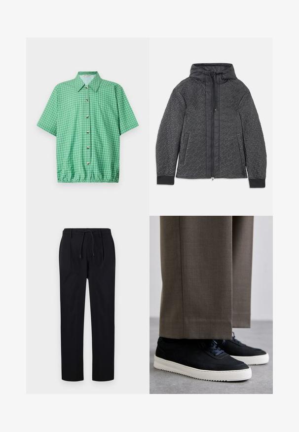 Quiltet svart boblejakke med hette, med glidelås, sidelommer, og teksturert mønster på stoffet. Mykt, lett materiale.; Grønn kortermet skjorte med rutemønster, knappelukking og elastisk kant. Laget av lett stoff med klassisk krage.; Sorte bukser laget av glatt stoff, med elastisk midje, rette ben og frontplisser for en strukturert look.; Svarte suedeglans sneakers med hvite gummisåler, med rund tå og lisser, iført grå skreddersydde bukser.