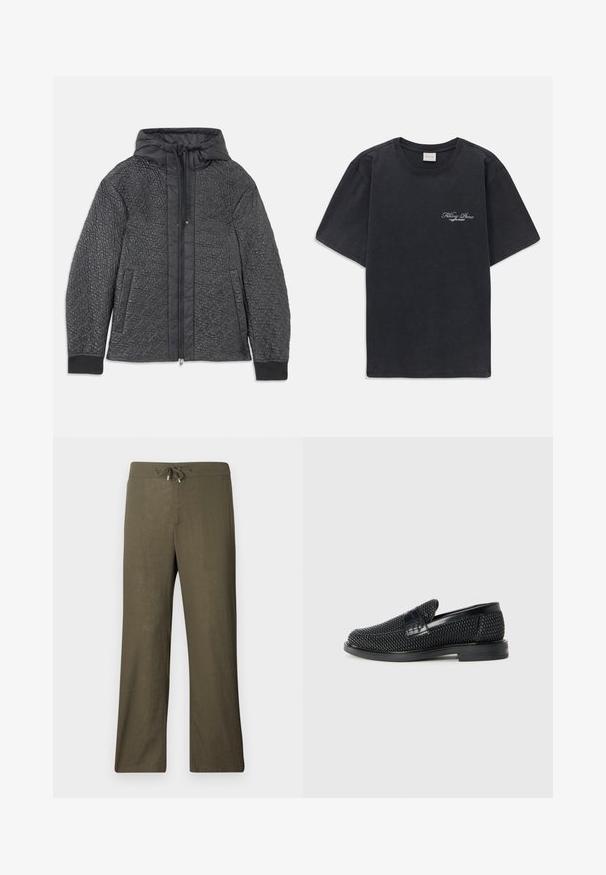 Veste en duvet noire matelassée avec capuche, dotée d'une fermeture éclair, de poches latérales et d'un motif texturé sur le tissu. Matériau doux et léger.; T-shirt noir à manches courtes et col rond avec un petit logo « Filling Pieces » en blanc sur la poitrine gauche.; Pantalons en lin olive, ample, avec taille à cordon et jambes larges. Texture lisse, design minimaliste, sans motifs ni accents visibles.; Chaussure slip-on tissée noire avec un accent en cuir lisse sur le dessus, un design à bout rond et une semelle en caoutchouc à profil bas.