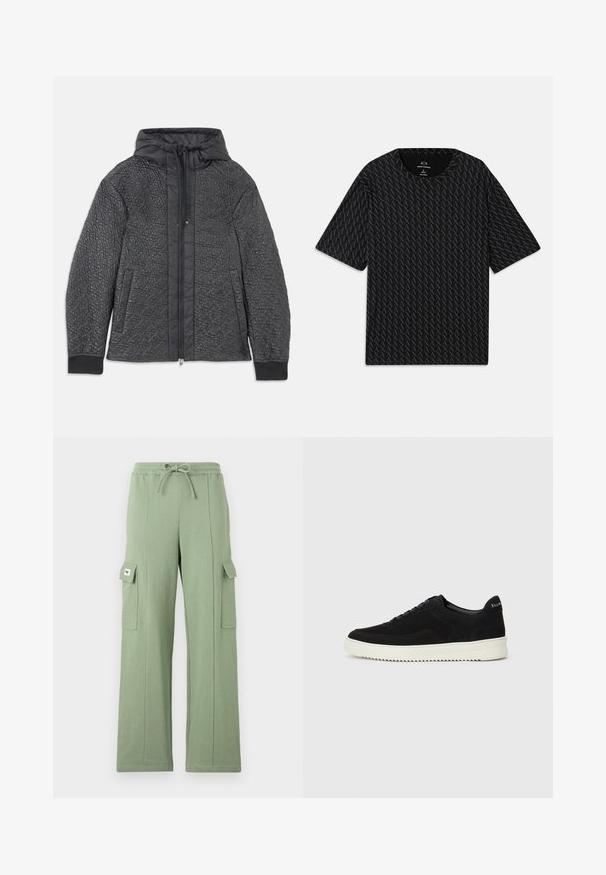Prošívaná černá puffer bunda s kapucí, se zapínáním na zip, bočními kapsami a texturovaným vzorem na látce. Měkký, lehký materiál.; Černé tričko s texturovaným vzorem střídajících se logo 'A', krátké rukávy a kulatý výstřih. Vyrobeno z lehkého materiálu.; Světlé zelené cargo kalhoty vyrobené z bavlněné směsi; mají elastický pas, šňůrku, široké nohavice a dvě boční kapsy s klopami.; Černé semišové tenisky s krajkovým designem a kontrastní bílou gumovou podrážkou. Obsahují texturované boční panely a jemné branding na patě.