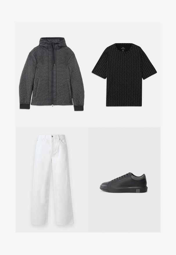 Giacca a vento imbottita nera con cappuccio, dotata di chiusura con zip, tasche laterali e motivo testurizzato sul tessuto. Materiale morbido e leggero.; T-shirt nera con un motivo testurizzato di loghi 'A' alternati, maniche corte e scollo rotondo. Realizzata in tessuto leggero.; rag & bone BAGGY - Jeans baggy - white; Sneaker in pelle nera con finitura liscia, punta arrotondata e accenti grigio scuro. Presenta un design con lacci e suola in gomma testurizzata.