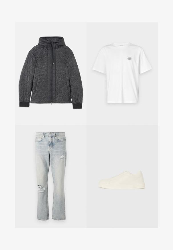 Veste en duvet noire matelassée avec capuche, dotée d'une fermeture éclair, de poches latérales et d'un motif texturé sur le tissu. Matériau doux et léger.; T-shirt blanc en coton avec des manches courtes, un col ras du cou et un petit logo gris sur la partie gauche de la poitrine. Texture lisse.; Jean en denim bleu clair avec taille haute, jambes droites et détails usés sur la cuisse droite et le genou gauche.; Baskets basses en cuir beige avec un bout rond, coutures minimales et fermeture zippée sur le côté, sur fond blanc.
