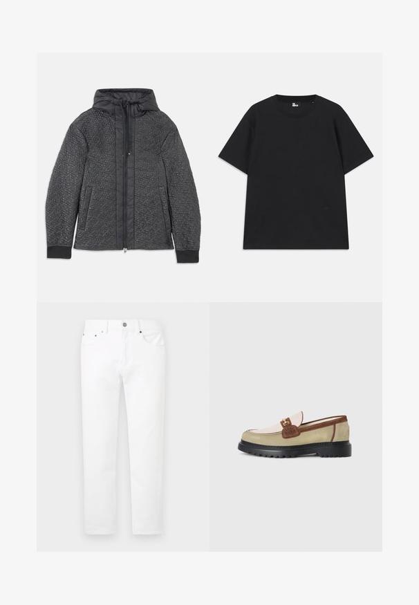 Jachetă puf cu model matlasat, de culoare neagră, cu glugă, prevăzută cu închidere prin fermoar, buzunare laterale și un model texturat pe material. Material moale și ușor.; Tricou negru cu mânecă scurtă, din bumbac, având un decolteu circular și un mic detaliu cu logo aproape de tiv. Textură netedă, croială normală.; Jeans din denim alb cu un design cu picioare drepte, stilizați cu cinci buzunare și elemente metalice pe partea din față. Textură netedă, fără modele vizibile.; Mocasini cu panouri din suede bej, roz deschis și maro, accent cu cataramă din metal aurit și talpă groasă din cauciuc negru cu model de contur.