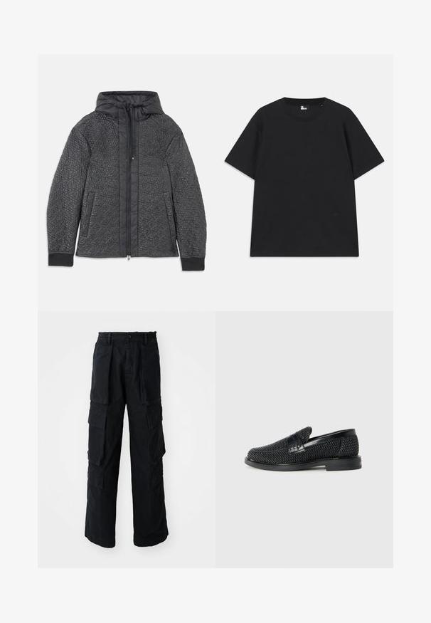 Quilted black puffer jacket with a hood, featuring zipper closure, side pockets, and textured pattern on the fabric. Soft, lightweight material.; Black short-sleeve t-shirt made of cotton, featuring a round neckline and a small logo detail near the hem. Smooth texture, regular fit.; Black wide-leg cargo pants with elastic waistband, button closure, large front and side flap pockets, displayed on white background.; Black woven slip-on shoe with a smooth leather accent on the upper, a round toe design, and a low-profile rubber sole.