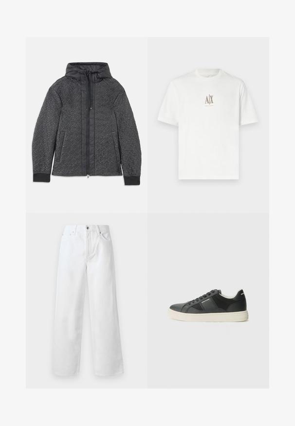 Pikowana czarna kurtka puchowa z kapturem, z zamkiem błyskawicznym, bocznymi kieszeniami i teksturowanym wzorem na materiale. Miękki, lekki materiał.; Biały bawełniany t-shirt z okrągłym dekoltem. Posiada małe beżowe logo "A|X" oraz napis "ARMANI EXCHANGE" poniżej. Krótkie rękawy, klasyczny krój.; rag & bone - Jeansy baggy; Czarne trampki wykonane z gładkiej skóry z teksturowanymi akcentami, biała gumowa podeszwa, okrągły czubek i czarne sznurówki. Logo marki z boku i z tyłu.