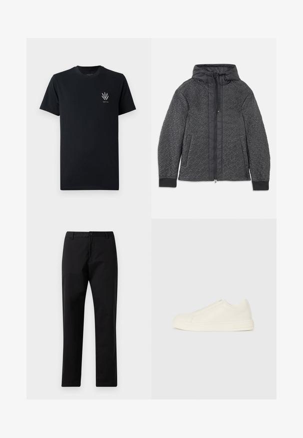 Pikowana czarna kurtka puchowa z kapturem, z zamkiem błyskawicznym, bocznymi kieszeniami i teksturowanym wzorem na materiale. Miękki, lekki materiał.; Czarna bawełniana koszulka z okrągłym dekoltem, krótkimi rękawami i małą grafiką w białym kolorze przedstawiającą miecze po lewej stronie klatki piersiowej.; Czarne spodnie proste z zapięciem na guzik i zamek, z paskiem na pasek i kieszeniami z przodu, eksponowane na białym tle.; Niskie beżowe skórzane sneakerki z okrągłym noskiem, minimalnymi przeszyciami i zamkiem błyskawicznym z boku na białym tle.