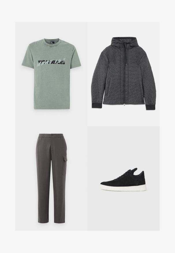 Patsitatud must puffer-jakk kapuutsiga, millel on tõmblukk, küljetaskud ja tekstuuriga muster kangal. Pehme, kerge materjal.; Roheline puuvillane T-särk, millel on ümar kaelus, lühikesed varrukad ja kulunud graafiline trükk mustas ja helesinises värvuses esiküljel.; Hallid hallid püksid, millel on mugav lõige, valmistatud siledast kangast. Varustatud nupukinnisega, küljetaskute ja säärel oleva kargo-taskuga.; Must mustel kingad valge kummist tallaga, millel on toon-toonis õmblused ja paeltega disain. Sile tekstuur ja moodne, voolujooneline kuju.