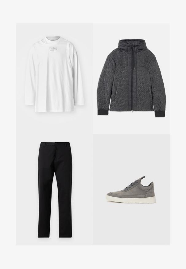 Quilted black puffer jacket with a hood, featuring zipper closure, side pockets, and textured pattern on the fabric. Soft, lightweight material.; Feng Chen Wang DECONSTRUCTION UNISEX - Long sleeved top - white; Black straight-leg trousers with button and zip closure, belt loops, and front pockets, displayed on white background.; Gray suede sneaker with a textured finish, featuring a white rubber sole, round laces, and a low-top design.