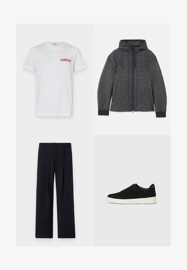 Prošívaná černá puffer bunda s kapucí, se zapínáním na zip, bočními kapsami a texturovaným vzorem na látce. Měkký, lehký materiál.; Bílý bavlněný tričko s červeně vyšitou kapsou s nápisem "MARNI" na levé části hrudi a krátkými rukávy. Hladká textura, klasický kulatý výstřih.; Široké kalhoty z černé tkaniny, s předními sklady, plochým předním dílem a poutky na opasek. Hladká textura bez viditelných vzorů nebo akcentů.; Černé semišové tenisky s krajkovým designem a kontrastní bílou gumovou podrážkou. Obsahují texturované boční panely a jemné branding na patě.
