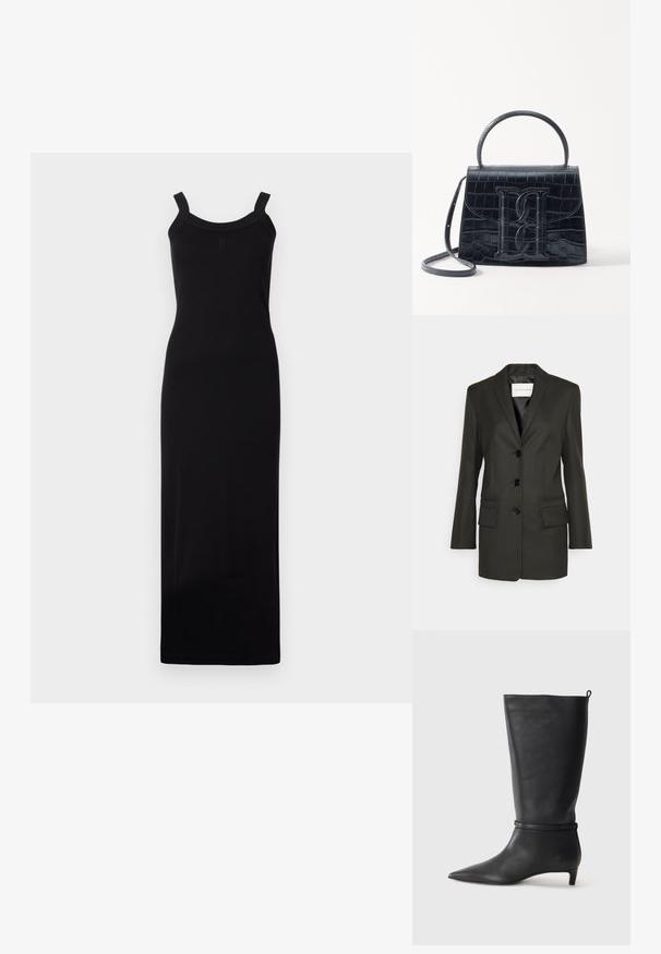 Čierny prispôsobený blejzer s jedným radom gombíkov, ostrými klopami, dvoma prednými vreckami a jemnými stehmi na vreckách. Hladká štruktúra.; Čierna, bezrukávová maxi šaty s priliehavým strihom, okrúhlym výstrihom a štruktúrovanými ramienkami. Vyrobené z ľahkého materiálu.; Čierne kožené vysoké čižmy po kolená s špicatou špičkou, s okrúhlym remienkom okolo členku a nízkym, zúženým podpätkom. Hladký povrch.; Čierna kabelka z krokodílovej embosovanej kože so štruktúrovaným dizajnom, horným uchom, nastaviteľným popruhom a výrazným predným logom.