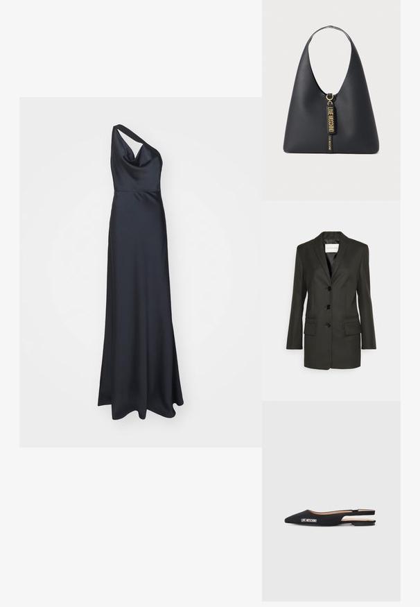 Musta räätälöity bleiseri, jossa on yksi nappirivi, terävät läpät, kaksi etutaskua ja hienovaraiset ompelupisteet taskuissa. Sileä pinta.; Hervé Léger THE VIVIAN GOWN - Iltapuku - Black; Mustat avokkaat, joissa on viistetyt kärjet ja jotka on valmistettu sileästä materiaalista. Ominaisuuksiin kuuluu valkoinen "LOVE MOSCHINO" -brändäys ja minimalistinen muotoilu.; Mustakorsine laukku leveällä hihnalla, kultaisilla yksityiskohdilla ja kahdella roikkuvalla tarralla, joissa on painettuna "LOVE MOSCHINO" kultaisilla kirjaimilla.